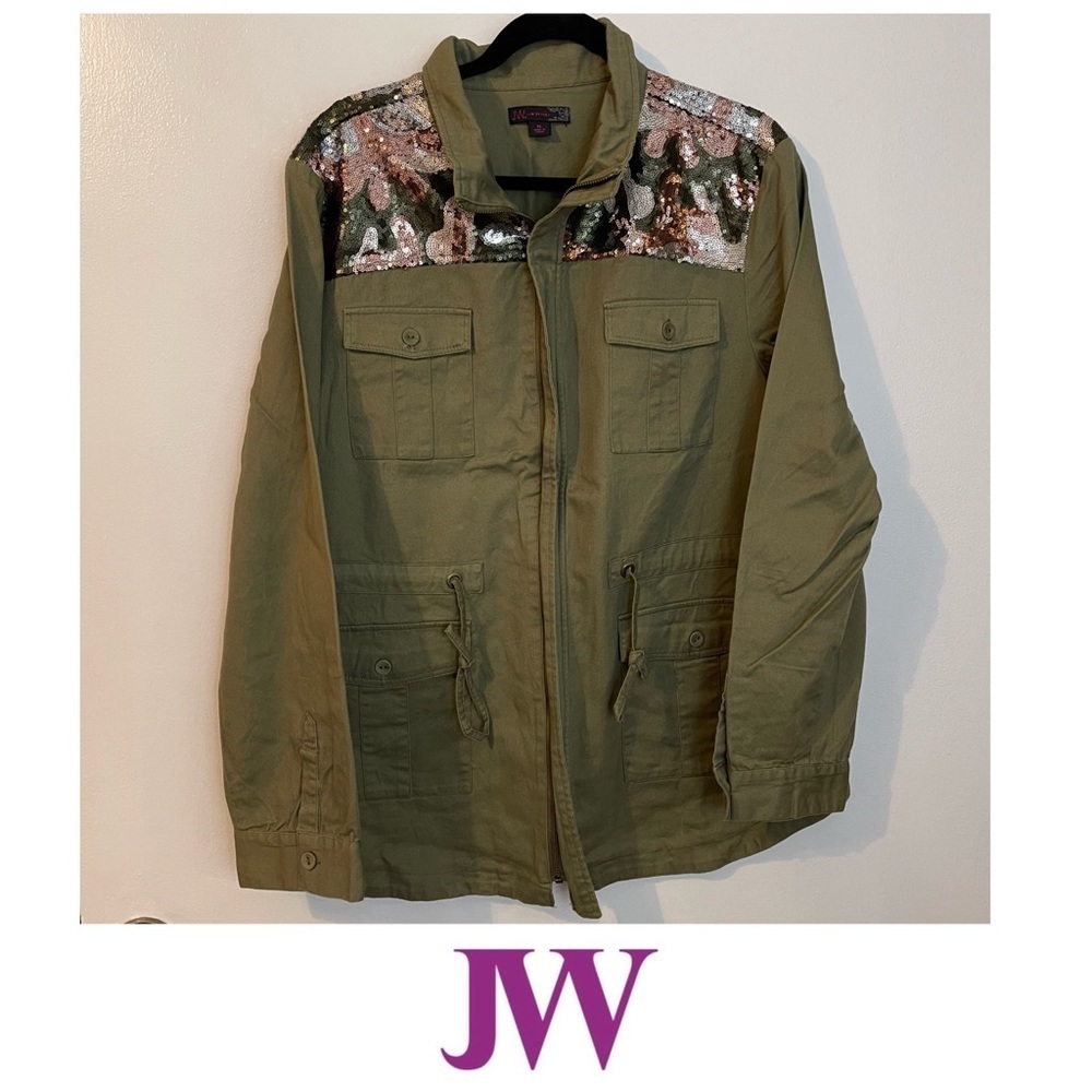 JW Style Utility Jacket with Sequin Camouflage Detail in Size XL